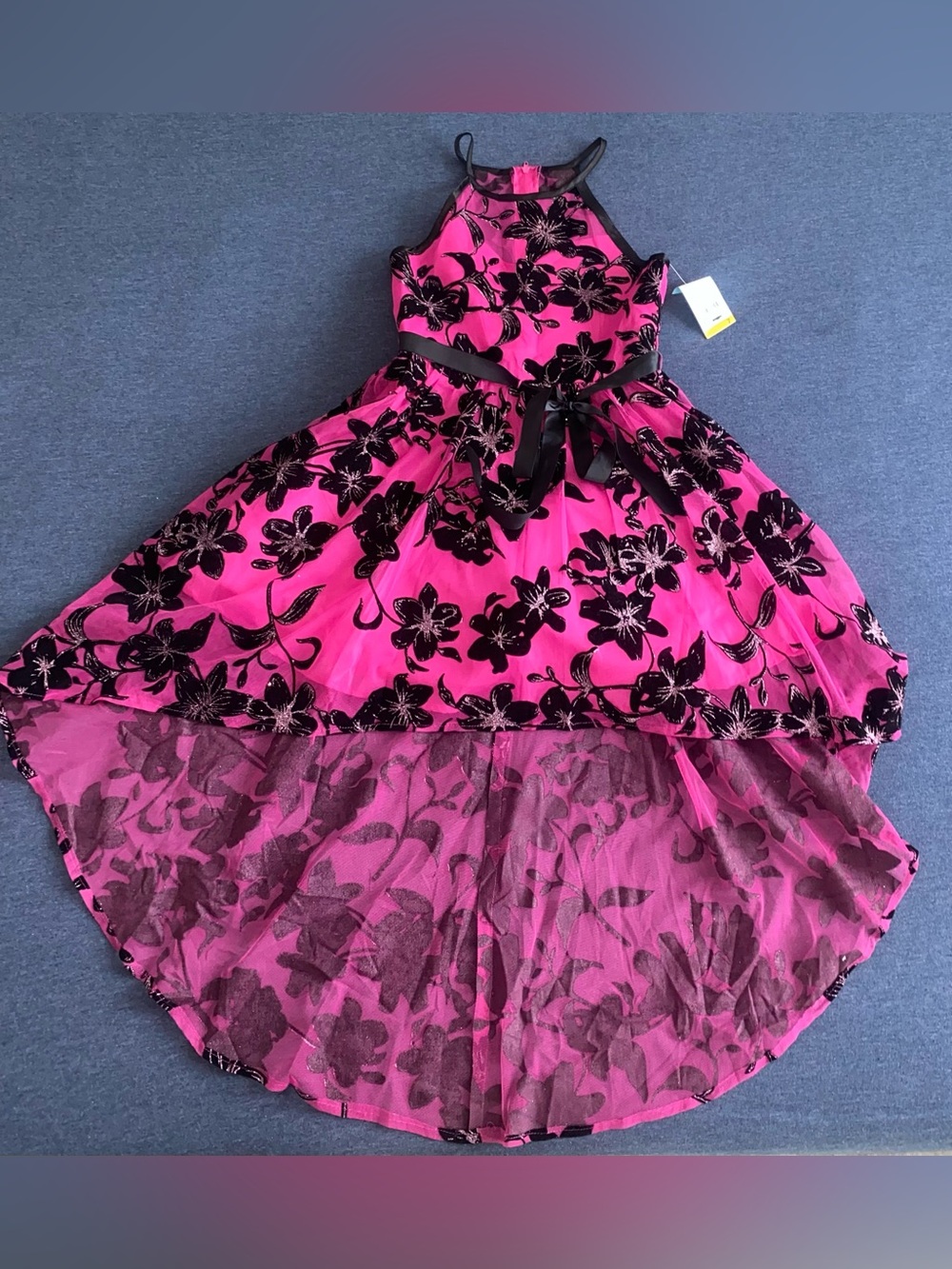 Girls Fuchsia Floral Velvet High-Low Party Dress with Black Floral Accents